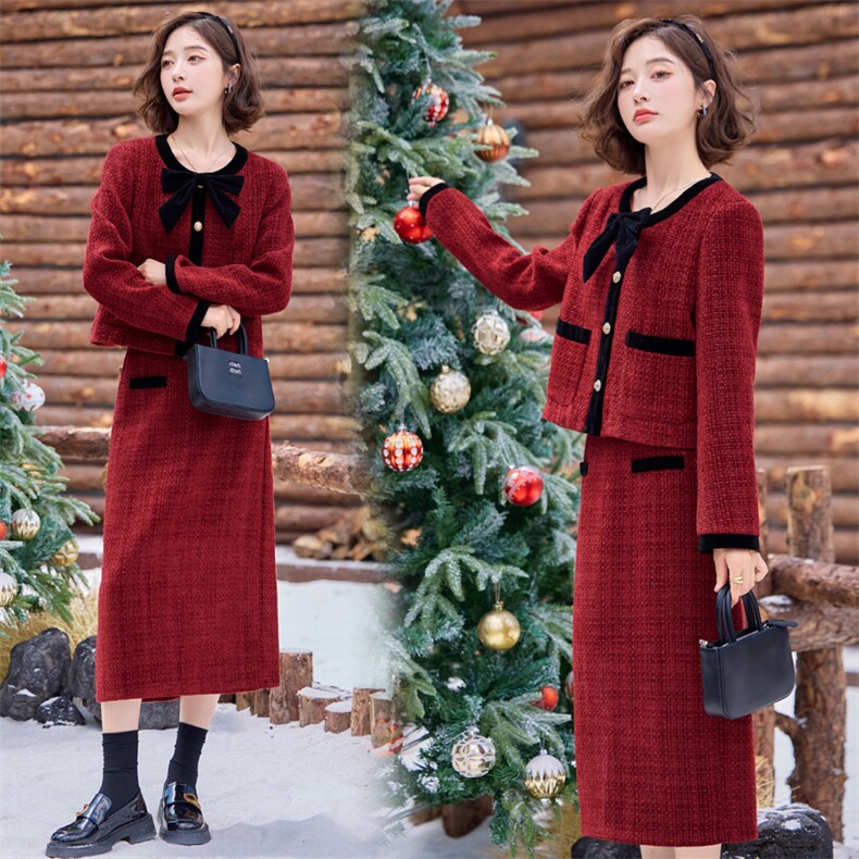 【财阀千金系列】2024新款秋冬法式小香套装撞色拼接蝴蝶结两件套，女装套装/套裙，雅静靓衣