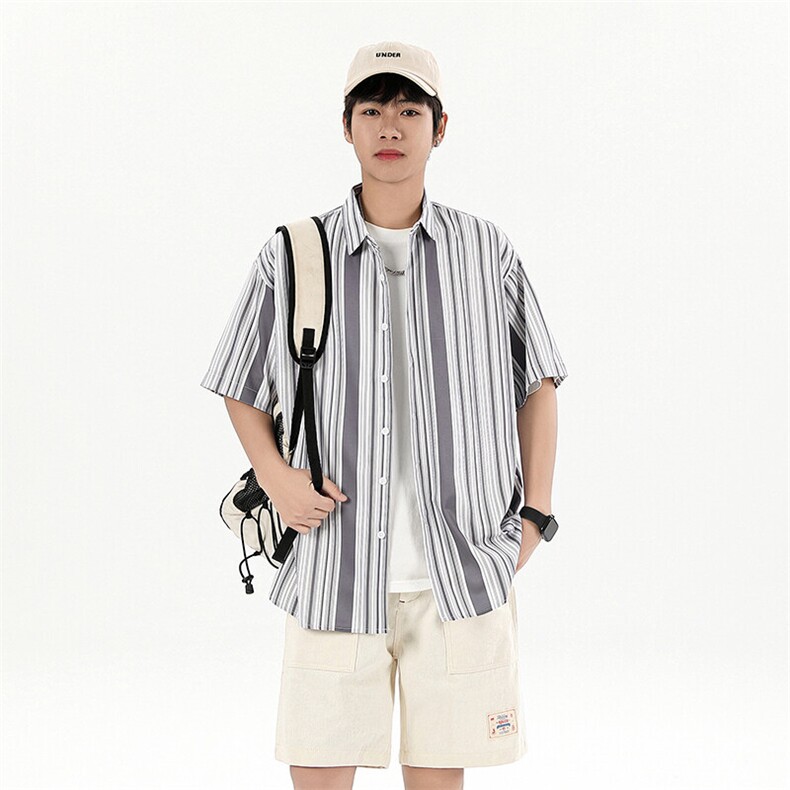 花衬衫男短袖夏季条纹休闲上衣服外套翻领大码衬衣A012/863P35,男装衬衫,电商A012