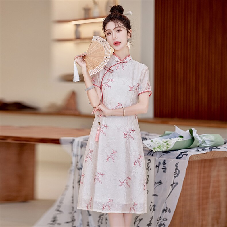 天丝皱印花连衣裙女夏季新款送考长裙修身显瘦改良版奥黛日常旗袍,女装连衣裙,利佳可人