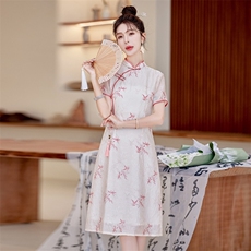天丝皱印花连衣裙女夏季新款送考长裙修身显瘦改良版奥黛日常旗袍，女装连衣裙，利佳可人