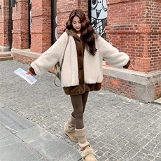 新品撞色连帽仿水貂皮毛一体外套2c309-1013-p195-k288，女装毛呢外套，2C309