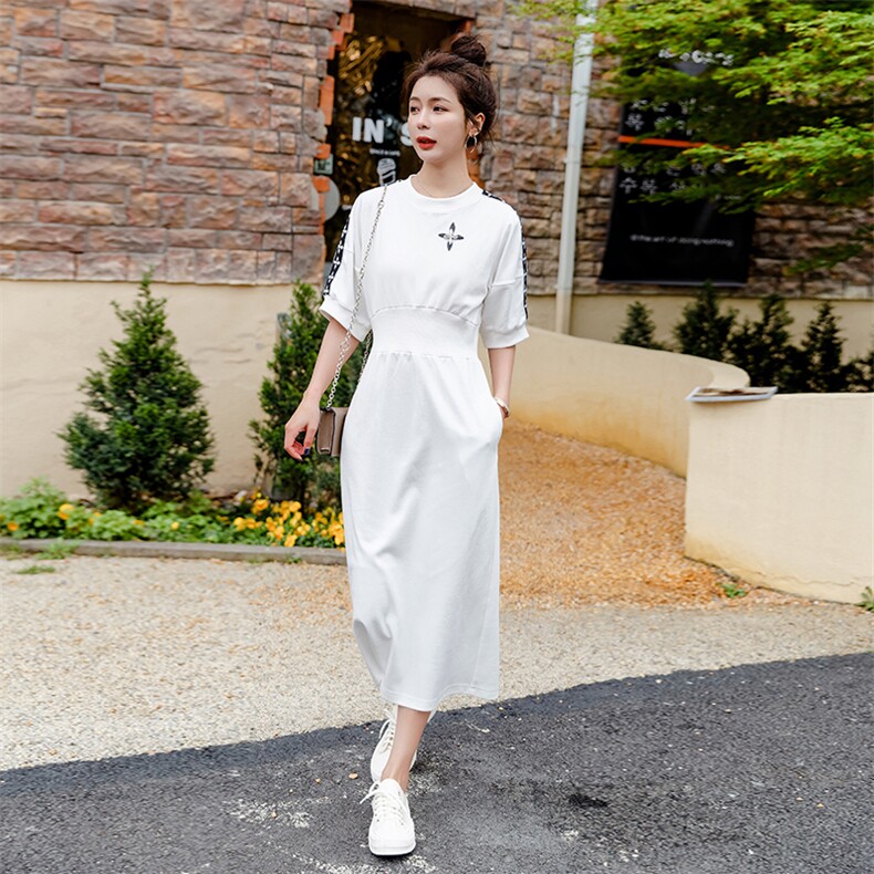 2022夏季新款简约休闲白色连衣裙显瘦修身中长款女装裙子,女装连衣裙,韩蜜菓