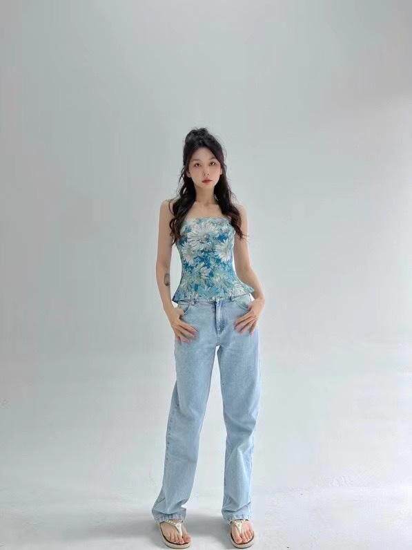 蓝色油画抹胸上衣，抹胸，HE