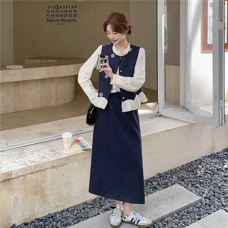 韩系温柔风穿搭套装女2025秋季新款减龄马甲打底衫半身裙三件套,女装套装/套裙,2C098