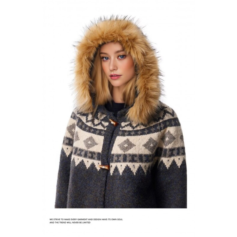 网费尔岛提花毛衣开衫女连帽牛角扣外套针织上衣B62-P82，男装针织衫/毛衣，星座910-1