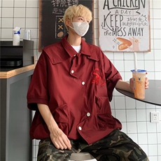 衬衫短袖男设计感痞帅夏季户外不规则刺绣工装衬衣外套S1275-P50，男装T恤，星座1008-1