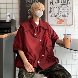 衬衫短袖男设计感痞帅夏季户外不规则刺绣工装衬衣外套S1275-P50图片