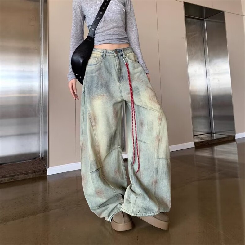 美式复古脏染做旧解构弯刀牛仔裤女新款宽松阔腿长裤NZ1450-P50,男装牛仔裤,星座308B-2