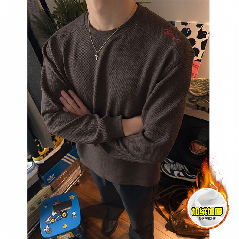 重磅加绒硬挺boxy男女美式高街蜂窝华夫格刺绣圆领长袖卫衣打底衫，男装T恤，电商A486