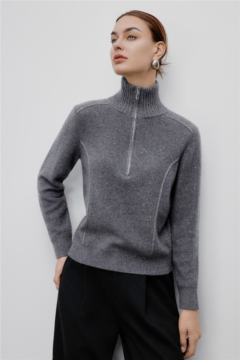 2025秋冬新款时尚半高领山羊绒100%拉链羊绒毛衣女，女装羊绒衫，阿舍尔精品