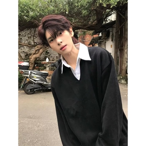 布老哥Blog春季美式假两件叠穿卫衣宽松慵懒风显高套头上衣图片