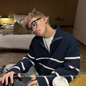 条纹毛衣男慵懒风复古软糯套头拉链针织衫 网图  MY507-P50图片