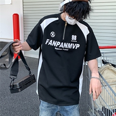 2026夏装新款薄款金属拉链拼接印花五分袖T恤T6605/特P30黑色2，男装T恤，电商A094