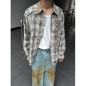 现货 格子拼接灯芯绒领长袖衬衣男潮流时尚秋冬衬衫外套LC055-P45图片