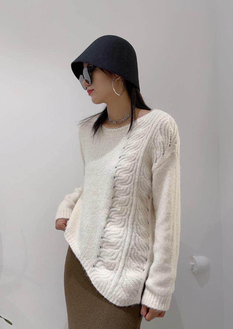 个性纹路斜下摆毛衣，女装针织衫/毛衣，SHANGCHUN·W 汪尚春