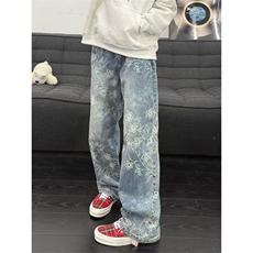 1506/QK1710/P49美式街头水洗做旧破洞牛仔宽松欧美高街风长裤子，男装休闲裤，星座1506