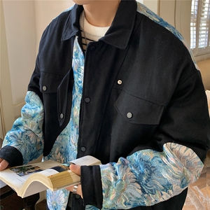 1港风刺绣拼接设计棉衣男大码M-5XL夹克棉服外套男8706P115控158图片