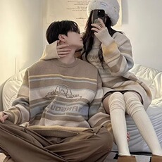 806-P45秋情侣圆领毛衣冬季宽松复古学院风针织衫新款日系外套，男装针织衫/毛衣，电商B323A