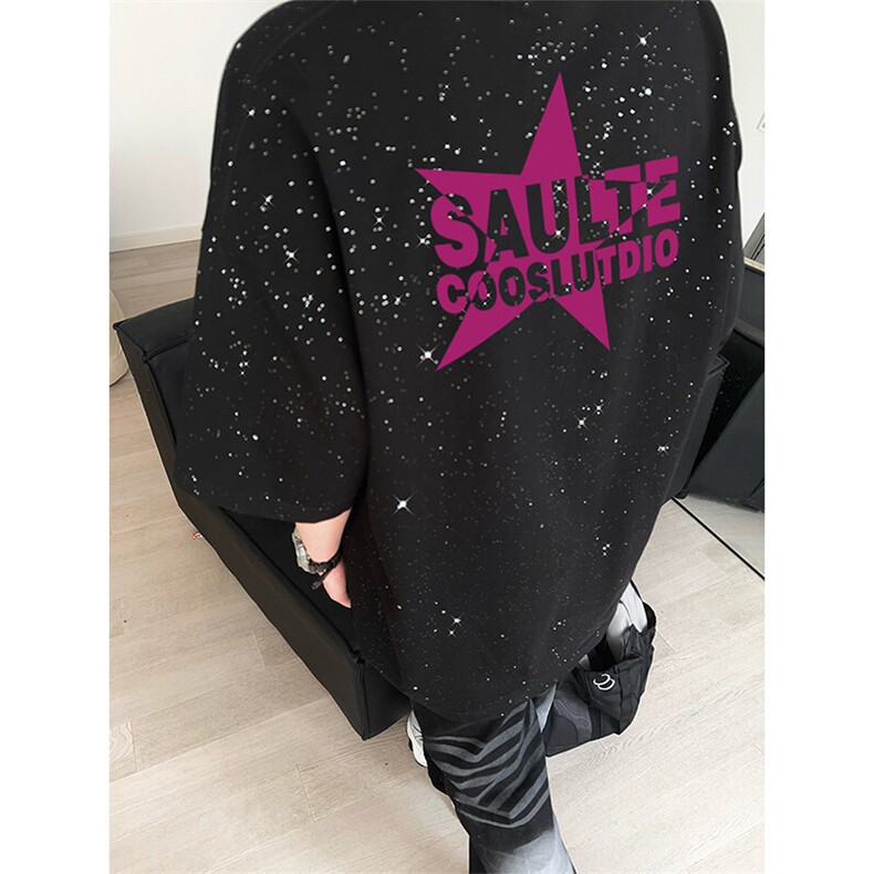 可48小时发货支持抖音得物来样二开美式满天星亮片短袖T恤MTX668,男装T恤,电商A486-1