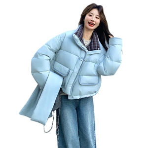新款挂脖围巾加厚格纹拼接羽绒服2C267-999-P285-K398图片