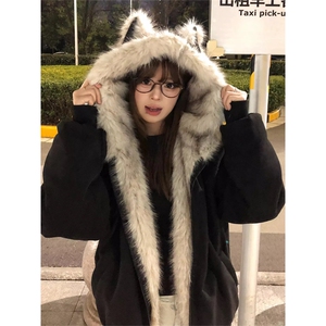 高品质 猫耳朵座山雕棉衣外套男女冬季加厚连帽棉服LM88099-P105图片