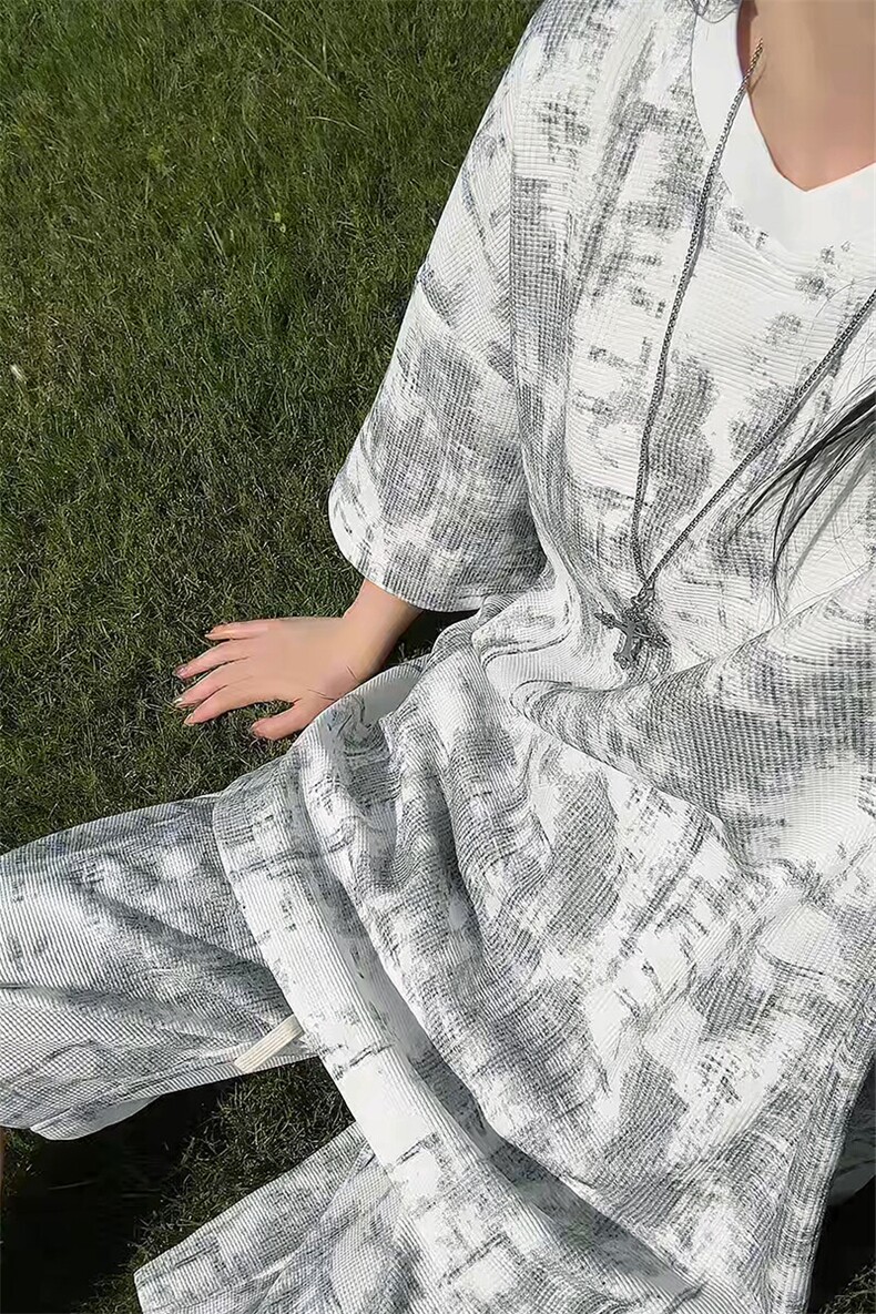 特批P45无差价夏季百搭痞帅扎染V领宽松时尚短袖短裤套装男TZ5365,男装休闲套装,电商A001-1