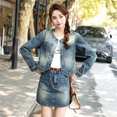 牛仔短裙套装女春秋时尚洋气时髦2025新款小个子漂亮独特套装裙，女装套装/套裙，意芙