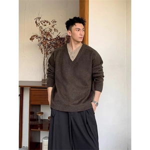 美拉德撞色拼接双V领毛衣男款秋冬季韩版宽松慵懒风假两件针织衫