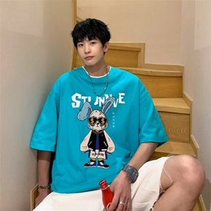 T6646P252023印花宽松短袖t恤港仔百搭男圆领印花T恤湖绿