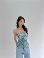 蓝色油画抹胸上衣，抹胸，HE