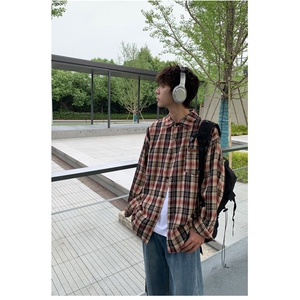 B413-1-DX891美式复古格子衬衫男女宽松休闲百搭潮流长袖衬衣外套图片