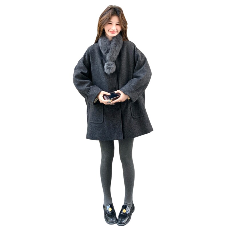 轻奢老钱风灰色毛呢大衣女冬季气质宽松中长款羽绒服羊毛外套,女装羽绒服,2C166