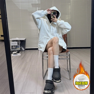 480G重磅加绒硬挺boxy男女秋冬美式高街结构双拉链开衫卫衣厚外套,女装短外套,电商A486-1