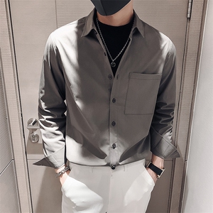 深灰2023春装社会小伙男士纯色修身长袖衬衫男潮CS049-P45控价68图片
