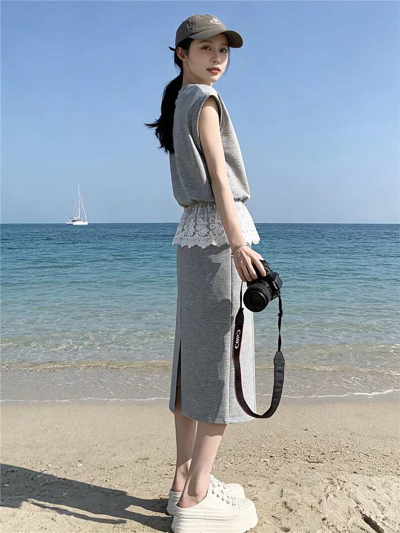 设计感时尚气质简约套装女夏新款蕾丝拼接无袖上衣半身长裙两件套,女装套装/套裙,江南