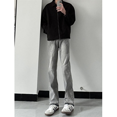 美式hiphop烟灰色毛边修身直筒显瘦牛仔裤痞帅高街，男装牛仔裤，星座310A-4