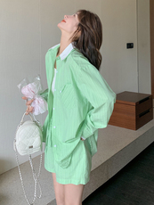 条纹拼接衬衫短裤套装女春秋2025新款多巴胺色流行超火两件套减龄，女装套装/套裙，蝶眷