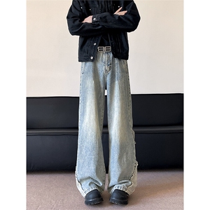 美式复古微喇牛仔裤男女水洗做旧裤脚拼接长裤休闲百搭裤子潮牌图片