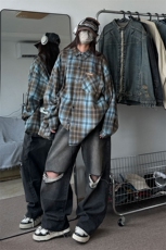衬衫男秋季新款港风宽松磨毛格子长袖衬衣CS618-P35，男装衬衫，星座214-3