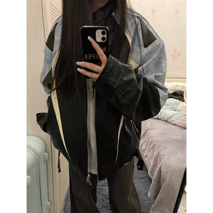 春秋拼色皮衣外套男立领美式复古休闲机车设计感夹克 JK10图片