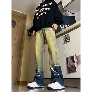 高街水波纹牛仔裤男女韩版潮流直筒2025冬季ins长裤RK2333-P50图片