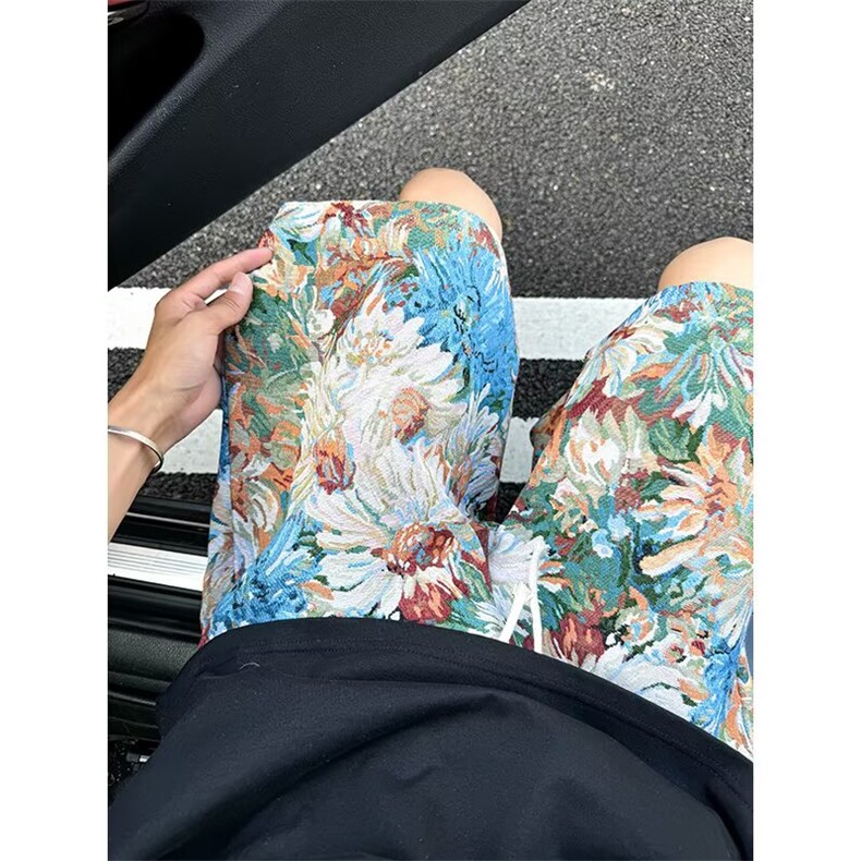 彩绘满印花卉短裤男夏季美式潮牌提花沙滩裤国风薄款海边五分裤子,男装牛仔裤,星座1008