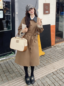长款长袖薄款翻领女士格子领风衣韩版慵懒风大衣春秋气质小个子图片