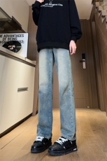 现货主推渐变复古蓝微喇直筒松紧腰休闲牛仔裤男女K5809-P50控69，男装牛仔裤，星座205