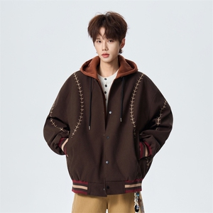 宽松复古明线刺绣连帽假两件棒球服春季百搭夹克XZ309 JK8006 P95图片