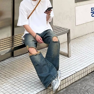 破洞直筒牛仔裤男宽松高腰复古小众扎染设计感阔腿裤YA9069-P45