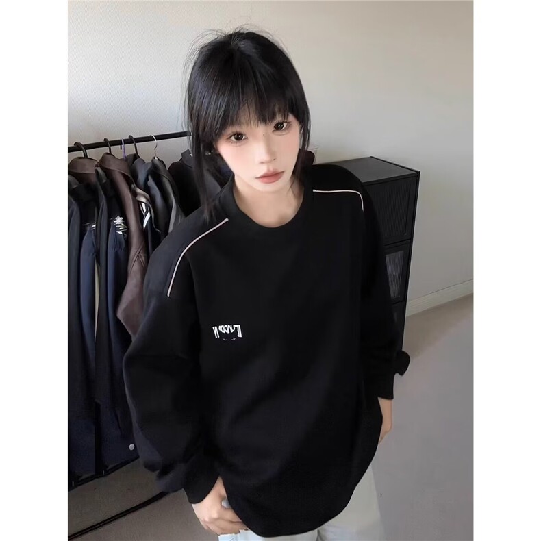 黑色圆领卫衣男春秋季新款美式ins潮流高级感恶魔猫眼印花宽松T恤图片