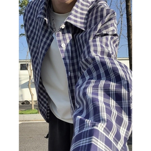 秋季新款格子衬衫男宽松休闲百搭高级感上衣C2269-特价36,巴黎世家深蓝色老爹鞋穿搭图片