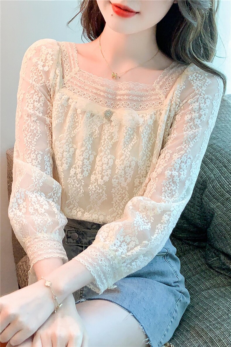 春季新款气质长袖超仙上衣甜美小衫方领蝴蝶结蕾丝衫,女装蕾丝衫/雪纺衫,美吧服饰