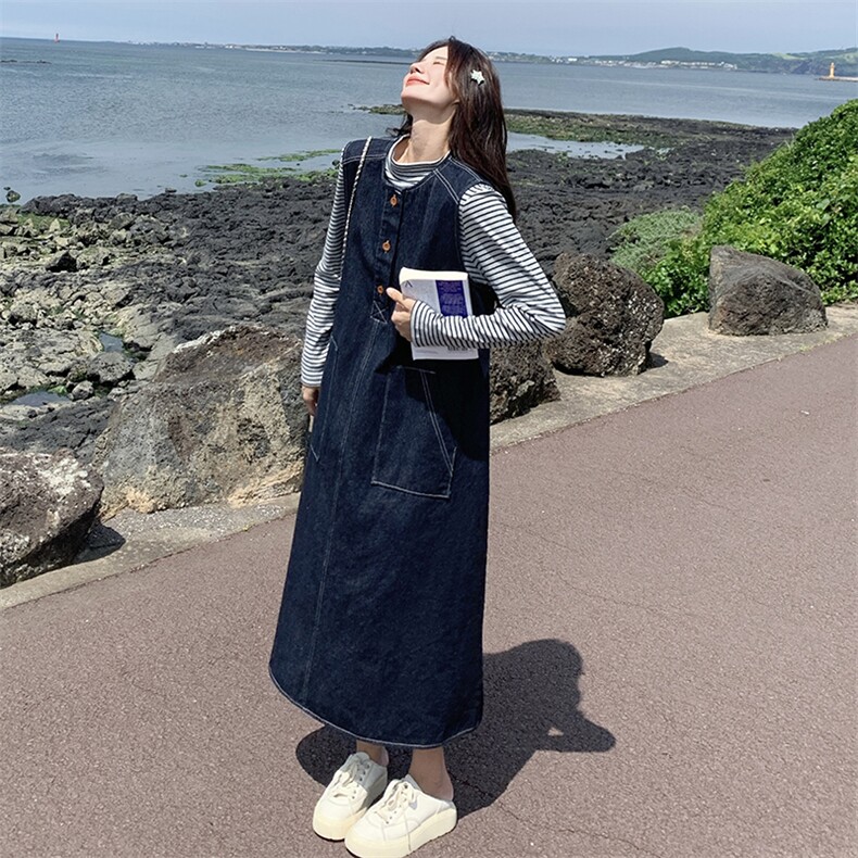 韩版盐系减龄牛仔背心裙套装女2025春秋季新款显瘦条纹上衣两件套,女装套装/套裙,浙宝212A